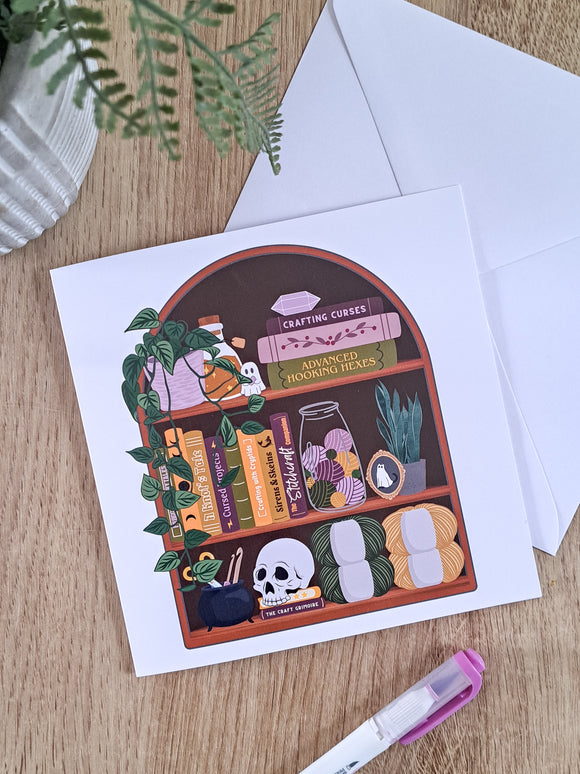 Spooky Crafter Bookcase Greetings Card