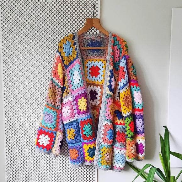 Brightly coloured y2k seventies feel granny square crochet cardigan