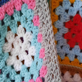 Close up of treble stitches within the brightly coloured cardigan